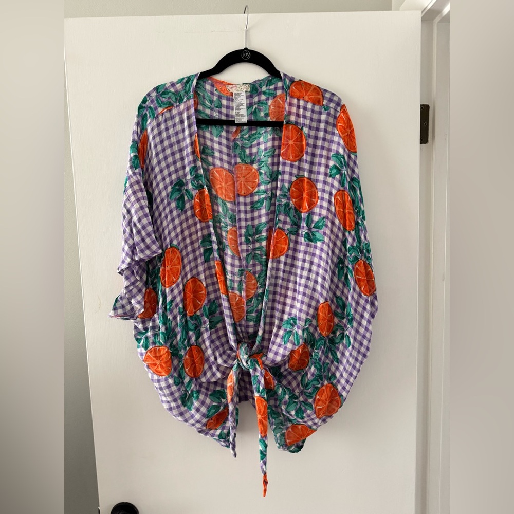 Free People Tutti Frutti Oranges Tie Front Gingham Kimono